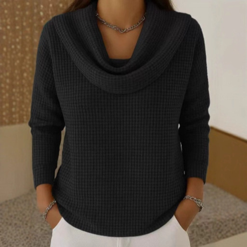 Lowenna - Cozy Waffle Knit Sweater with Elegant Waterfall Neck