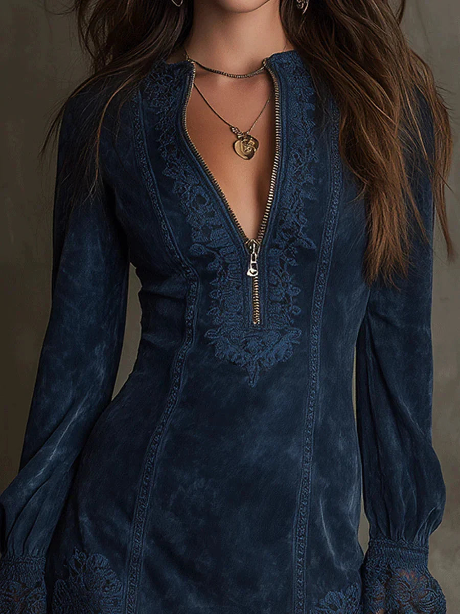 Rachel – Lace-Trimmed Blue Suede Mini Dress