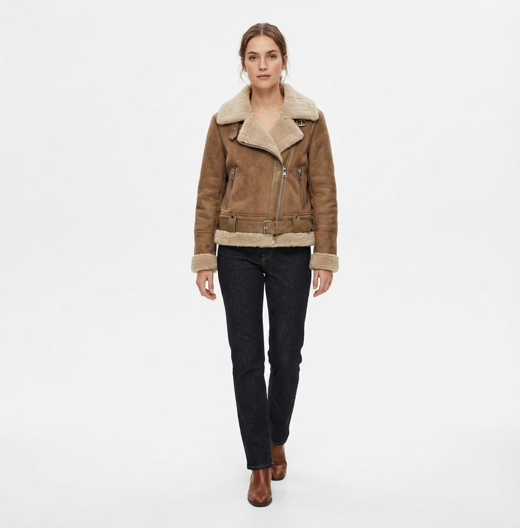 Caroline – Suede Aviator Jacket with Shearling Lining