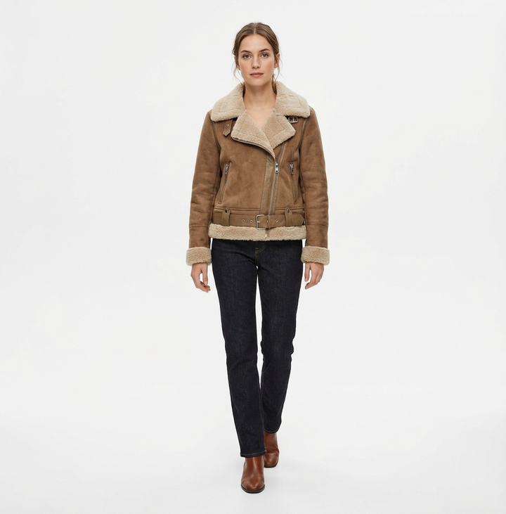 Caroline – Suede Aviator Jacket with Shearling Lining