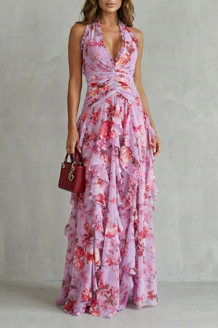 Romantic rose cascade – Halter maxi dress