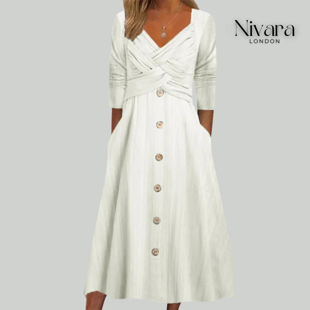 Elena – Chic & Flattering Dress with Button Accents and Crossed Design