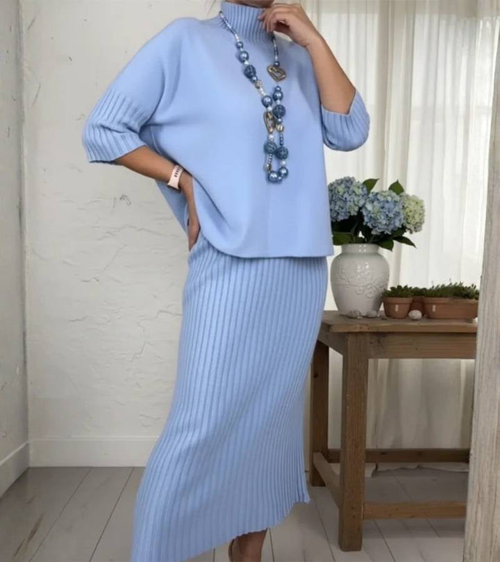 Aisha – Ribbed Midi Skirt and Knitted Two-Piece Set