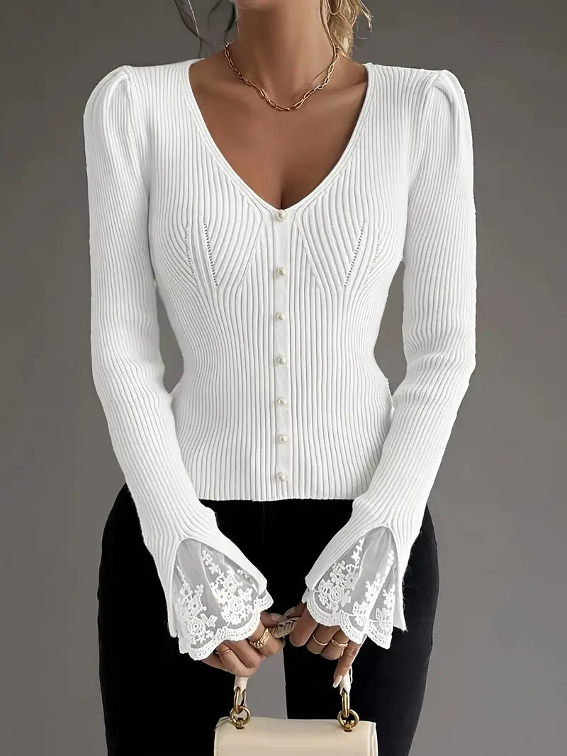 Isabella – V-Neck Knit Top with Ribbed Texture and Lace Sleeves