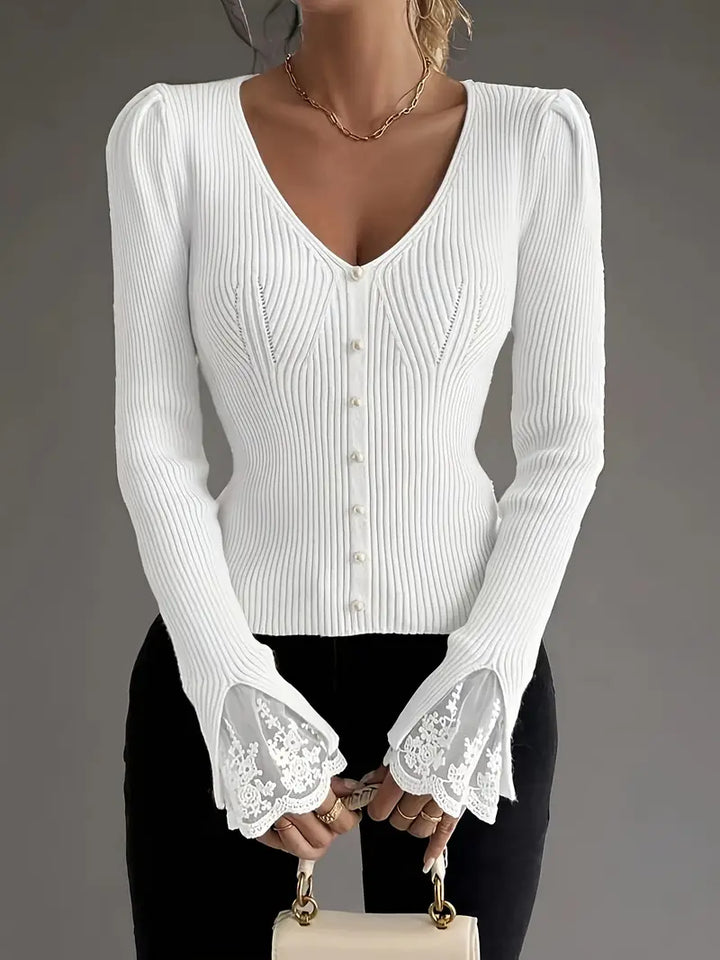 Isabella – V-Neck Knit Top with Ribbed Texture and Lace Sleeves