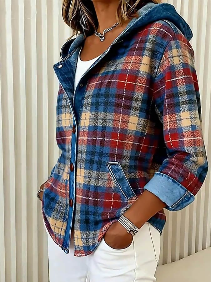 Briella – Hooded Denim Jacket with Contrast Check Design