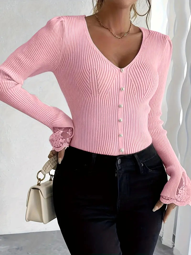 Isabella – V-Neck Knit Top with Ribbed Texture and Lace Sleeves