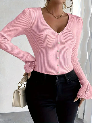 Isabella – V-Neck Knit Top with Ribbed Texture and Lace Sleeves