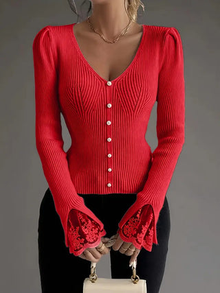 Isabella – V-Neck Knit Top with Ribbed Texture and Lace Sleeves