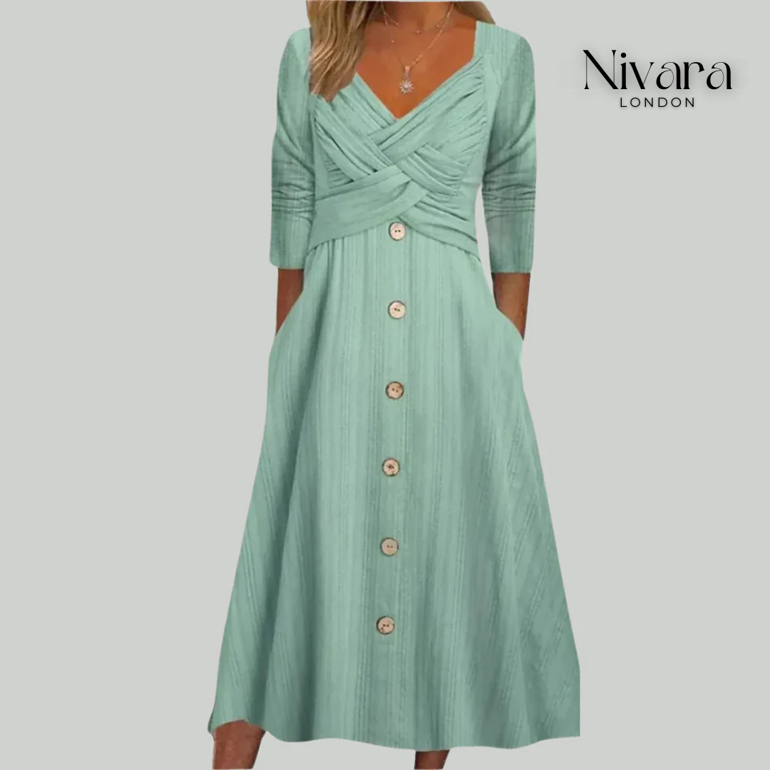 Elena – Chic & Flattering Dress with Button Accents and Crossed Design