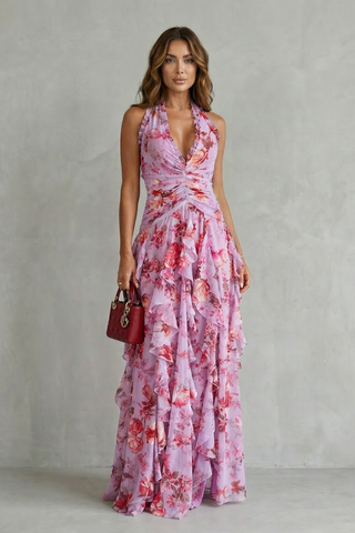 Romantic rose cascade – Halter maxi dress