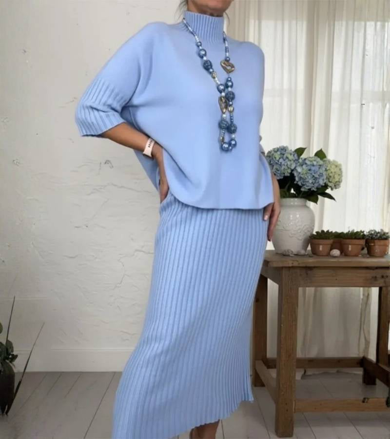 Aisha – Ribbed Midi Skirt and Knitted Two-Piece Set