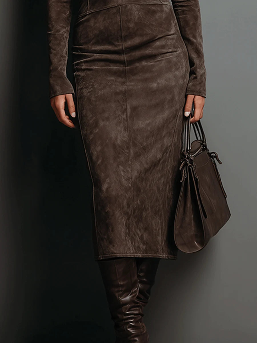 Sienna – High Neck Midi Suede Dress with Long Sleeves