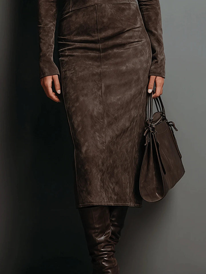 Sienna – High Neck Midi Suede Dress with Long Sleeves
