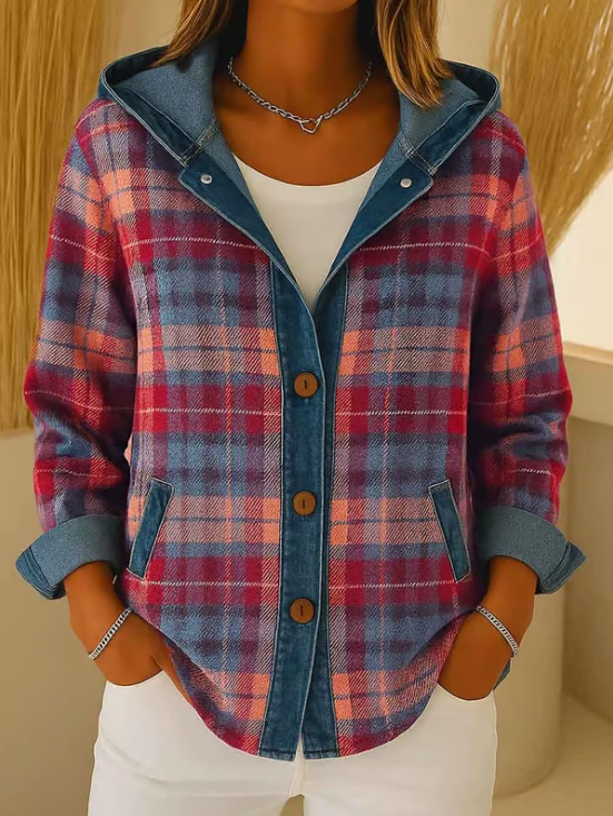 Briella – Hooded Denim Jacket with Contrast Check Design