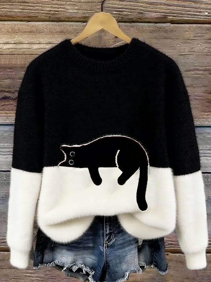 Relaxed Fit Cat Graphic Sweater