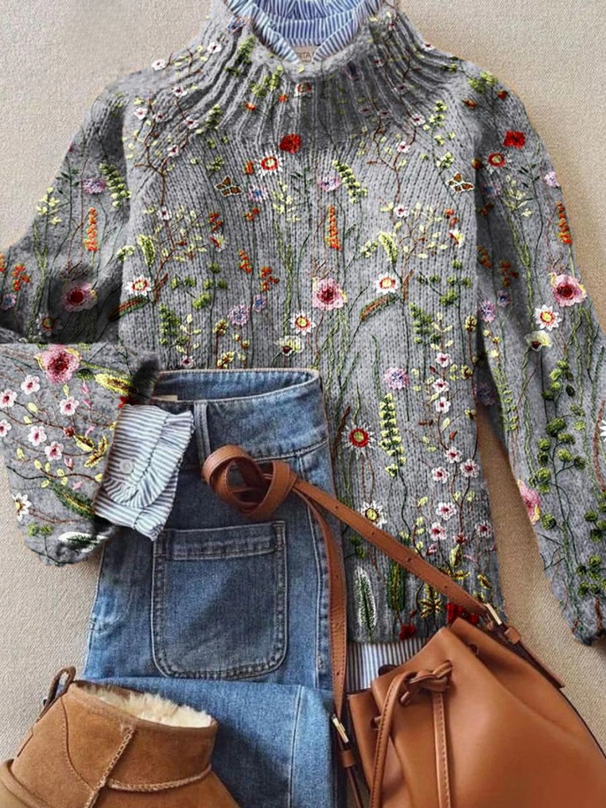 Tamara – Retro Floral Turtleneck Sweater