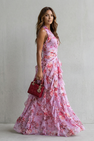 Romantic rose cascade – Halter maxi dress