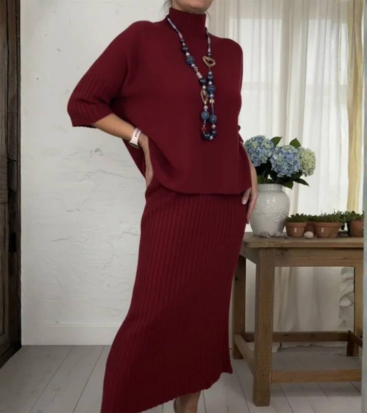 Aisha – Ribbed Midi Skirt and Knitted Two-Piece Set