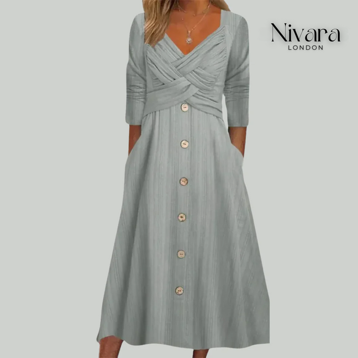 Elena – Chic & Flattering Dress with Button Accents and Crossed Design