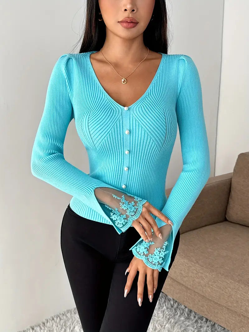 Isabella – V-Neck Knit Top with Ribbed Texture and Lace Sleeves
