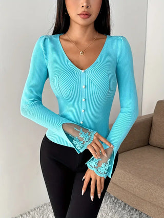 Isabella – V-Neck Knit Top with Ribbed Texture and Lace Sleeves