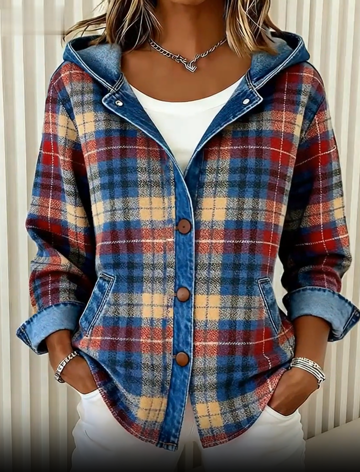 Briella – Hooded Denim Jacket with Contrast Check Design