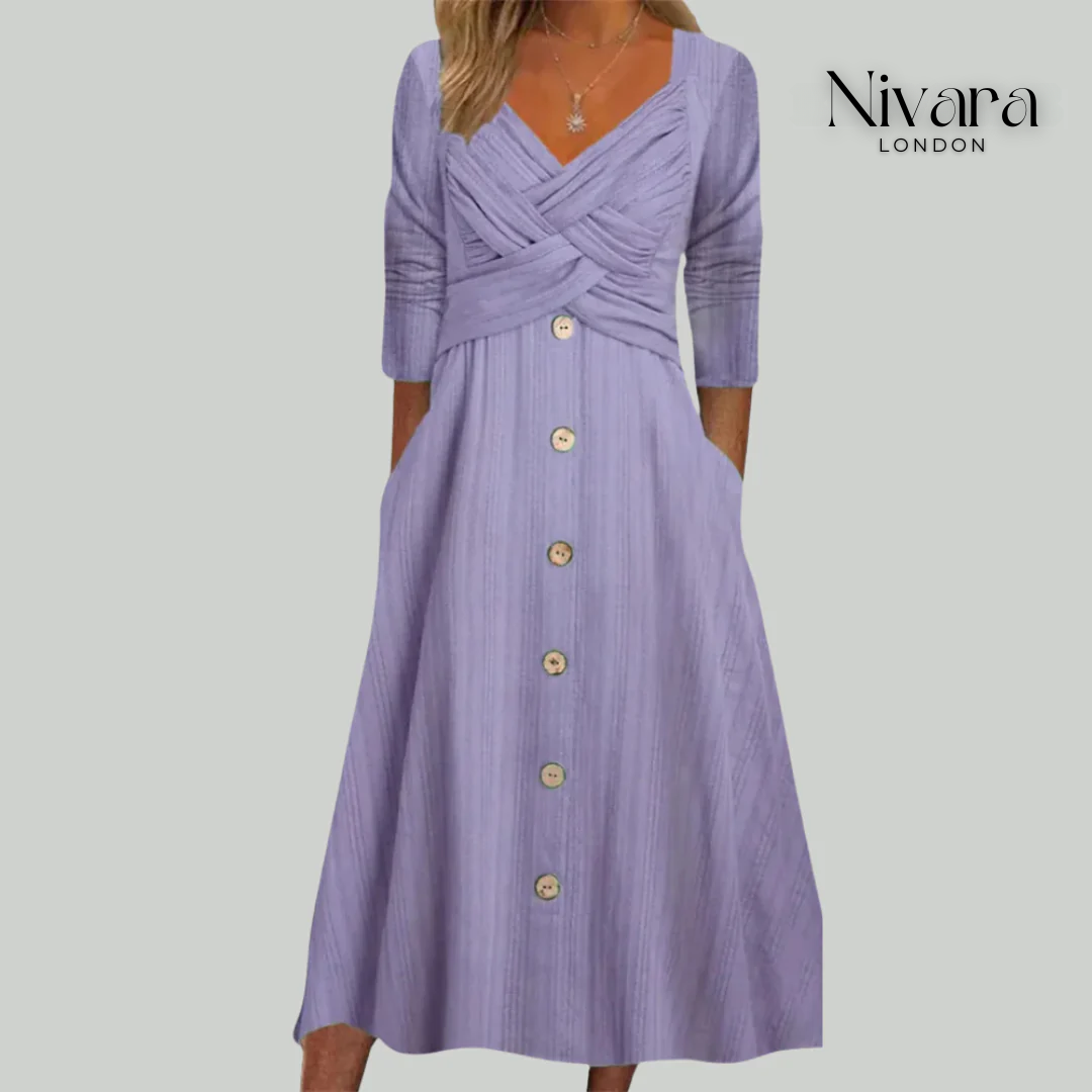 Elena – Chic & Flattering Dress with Button Accents and Crossed Design