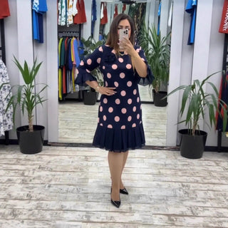 Camilla – Midi Dress with Pleated Polka Dot Design