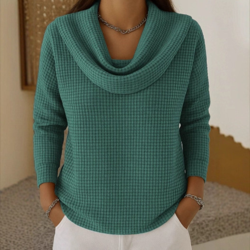 Lowenna - Cozy Waffle Knit Sweater with Elegant Waterfall Neck