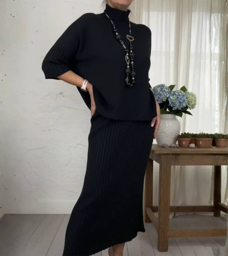 Aisha – Ribbed Midi Skirt and Knitted Two-Piece Set