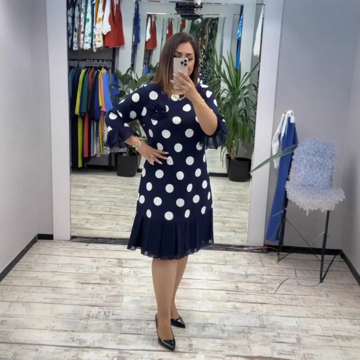 Camilla – Midi Dress with Pleated Polka Dot Design