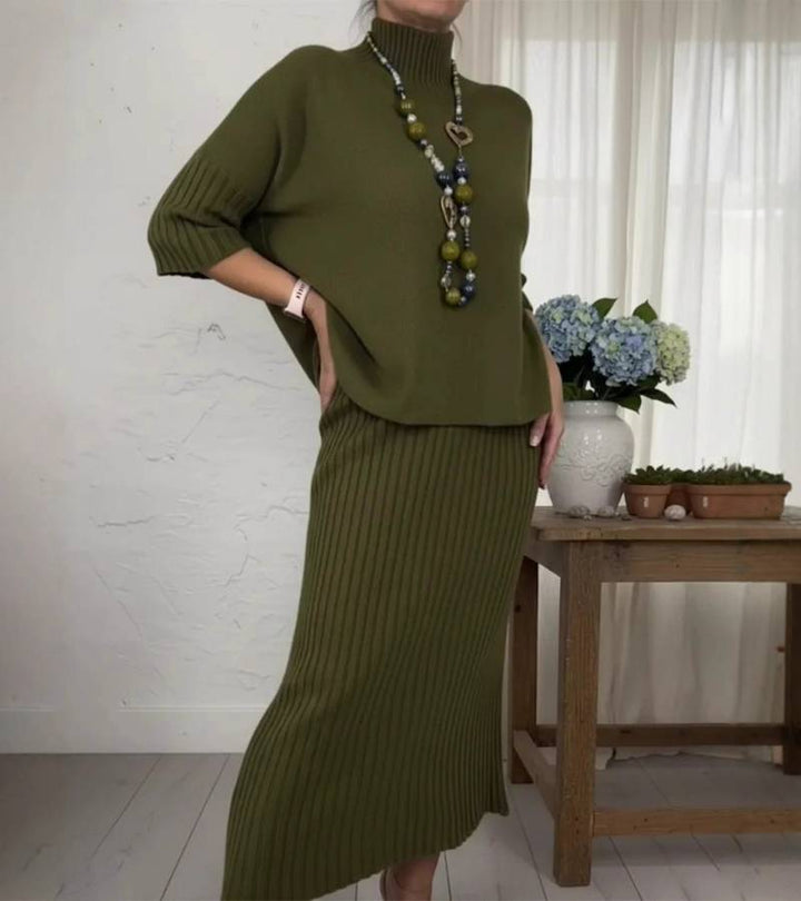 Aisha – Ribbed Midi Skirt and Knitted Two-Piece Set