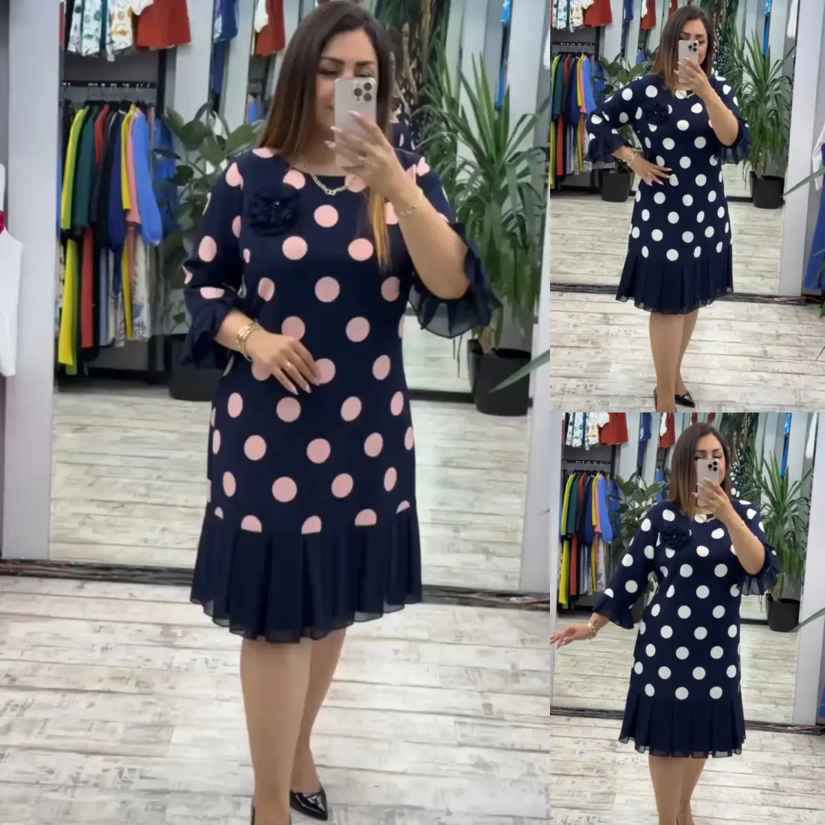 Camilla – Midi Dress with Pleated Polka Dot Design