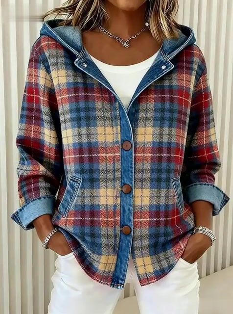Briella – Hooded Denim Jacket with Contrast Check Design