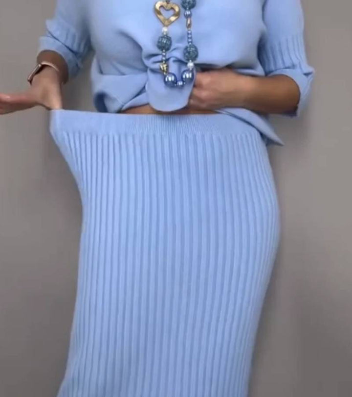 Aisha – Ribbed Midi Skirt and Knitted Two-Piece Set
