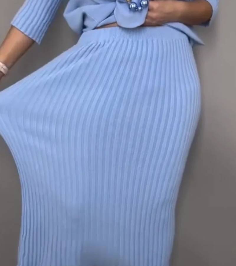 Aisha – Ribbed Midi Skirt and Knitted Two-Piece Set