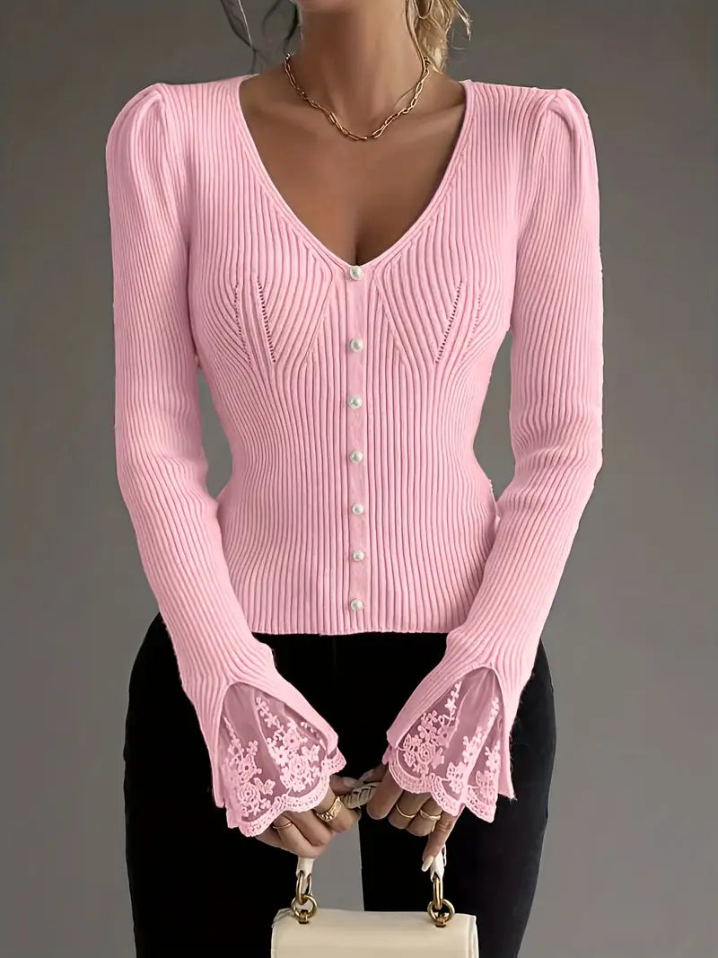 Isabella – V-Neck Knit Top with Ribbed Texture and Lace Sleeves