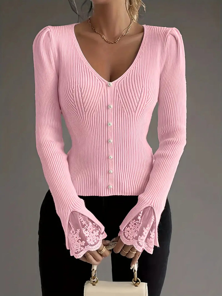 Isabella – V-Neck Knit Top with Ribbed Texture and Lace Sleeves