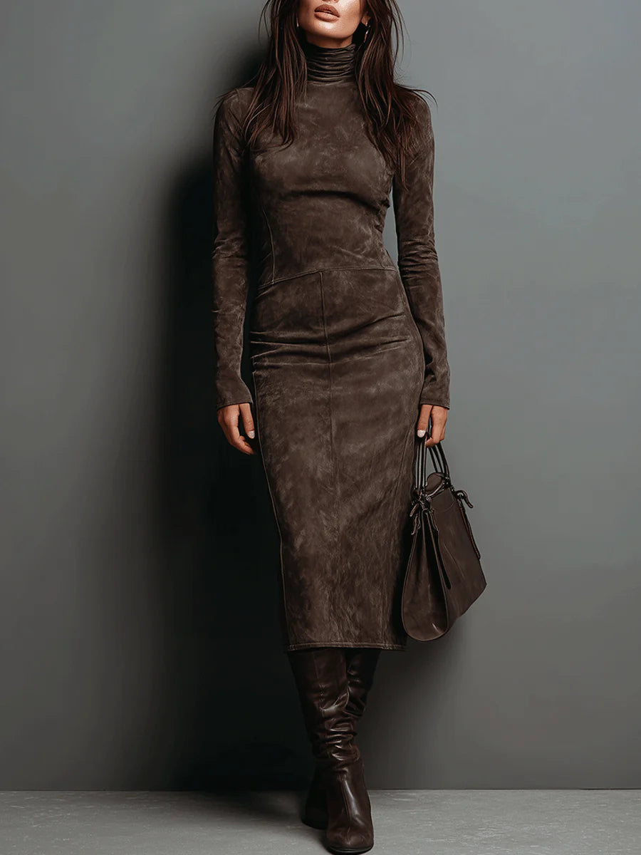 Sienna – High Neck Midi Suede Dress with Long Sleeves