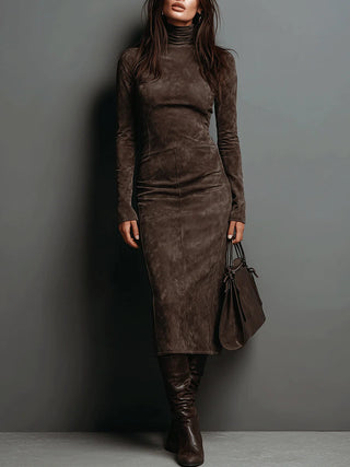 Sienna – High Neck Midi Suede Dress with Long Sleeves