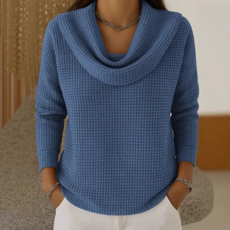 Lowenna - Cozy Waffle Knit Sweater with Elegant Waterfall Neck