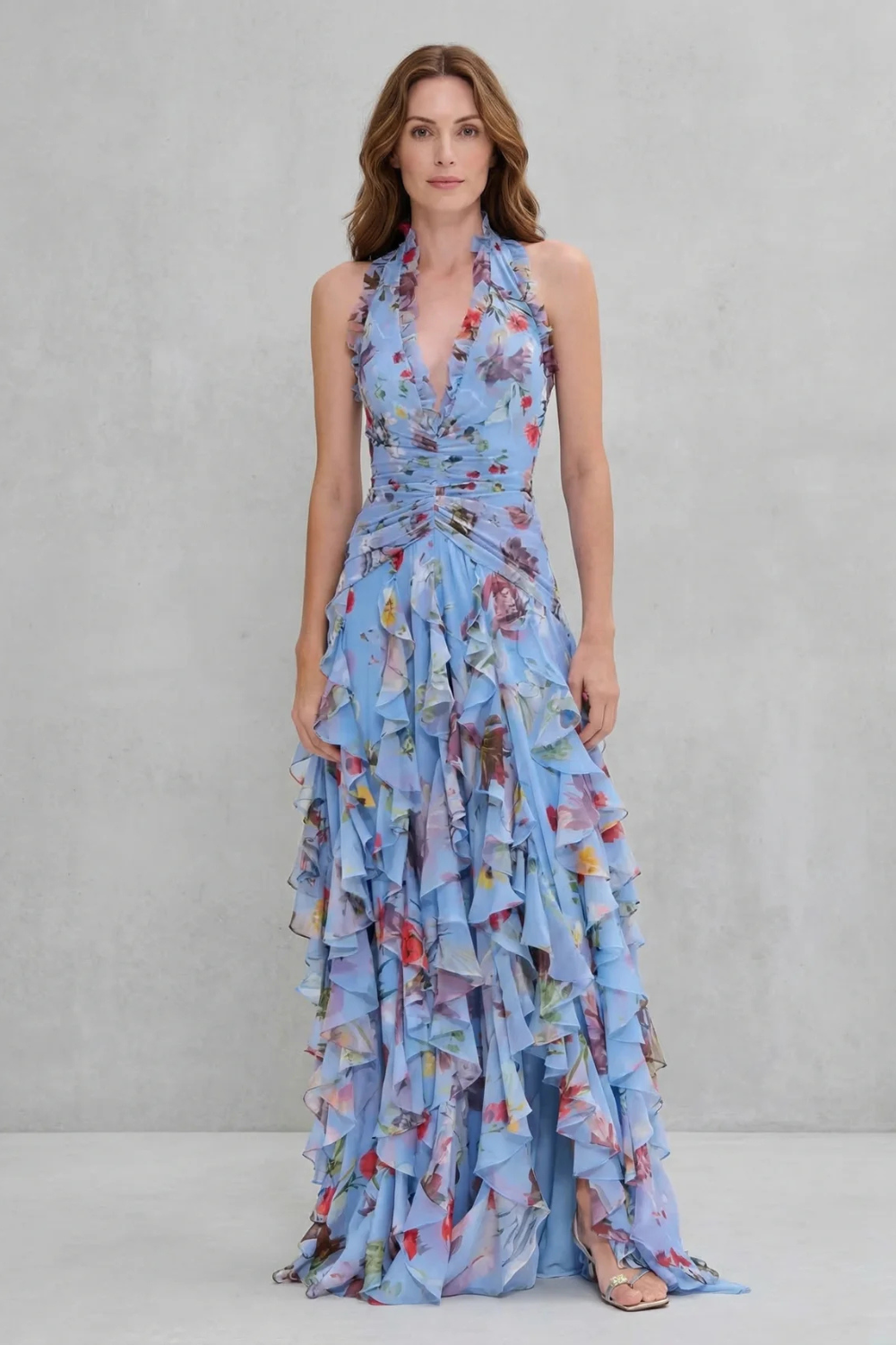 Romantic rose cascade – Halter maxi dress