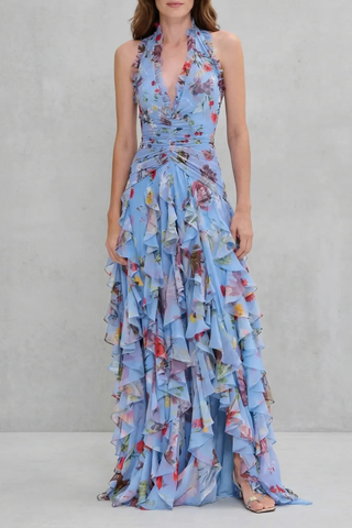Romantic rose cascade – Halter maxi dress