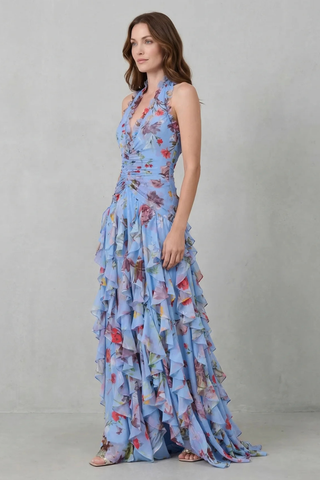 Romantic rose cascade – Halter maxi dress