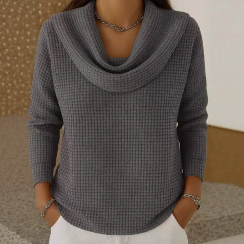 Lowenna - Cozy Waffle Knit Sweater with Elegant Waterfall Neck