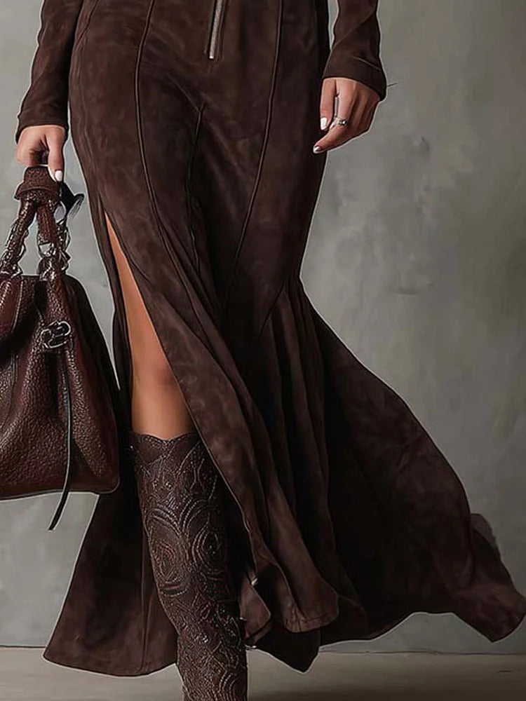 Anaya – Suede Maxi Dress with Zip-On Design and Belt
