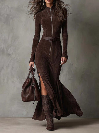 Anaya – Suede Maxi Dress with Zip-On Design and Belt