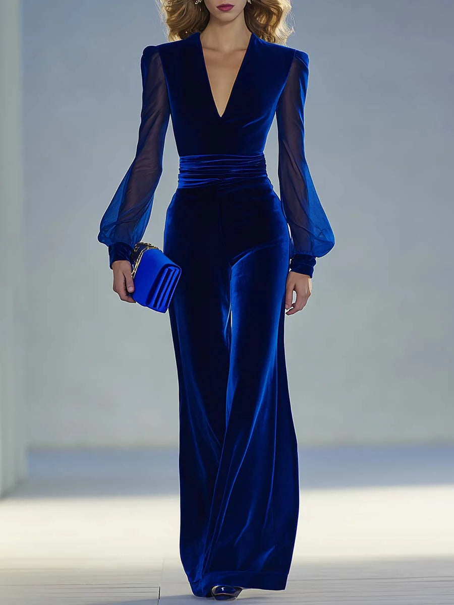 Sabrina – Sheer-Sleeved Velvet Jumpsuit