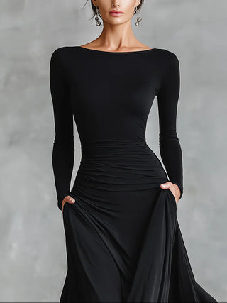 Adele – Elegant Black Crepe Maxi Dress